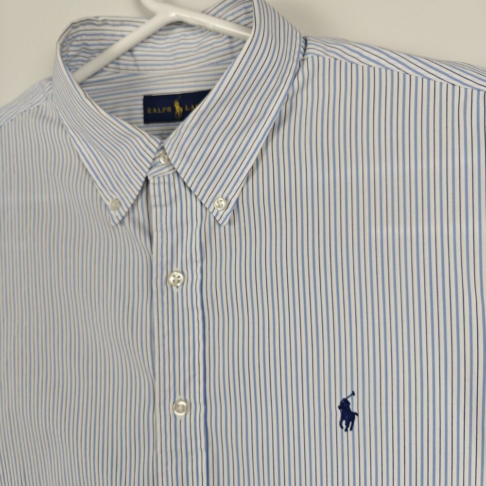 Ralph Lauren Mens shirt 17.5 XL Blue White Striped blue logo button up down